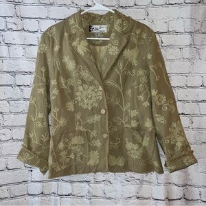 Oleg Cassini Vintage Embroidered Boho Style Blazer Beige Raw Hem Cotton Size 16